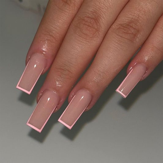 Chic Longevity Extra Long Square Beige Press On Nails with Pink Outline Detail