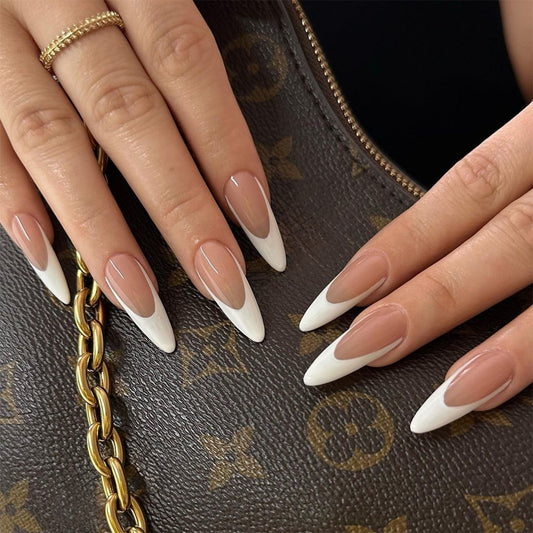 Luxury Fashionista Long Almond Beige to White Ombre Press-on Nails with Chic Cuticle Line Design