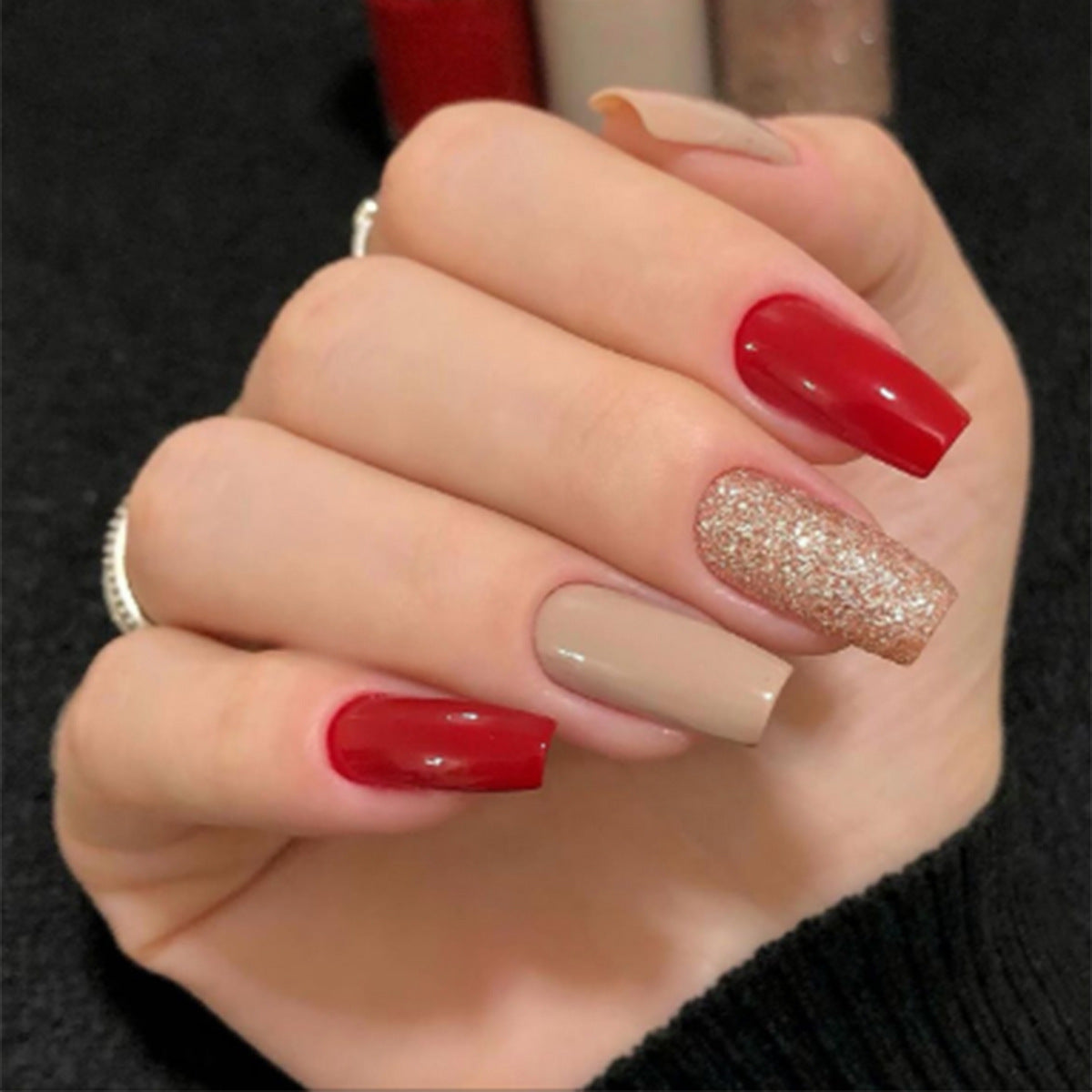 Classic Chic Medium Square Red and Taupe Press On Nails with a Glitter Accent Nail