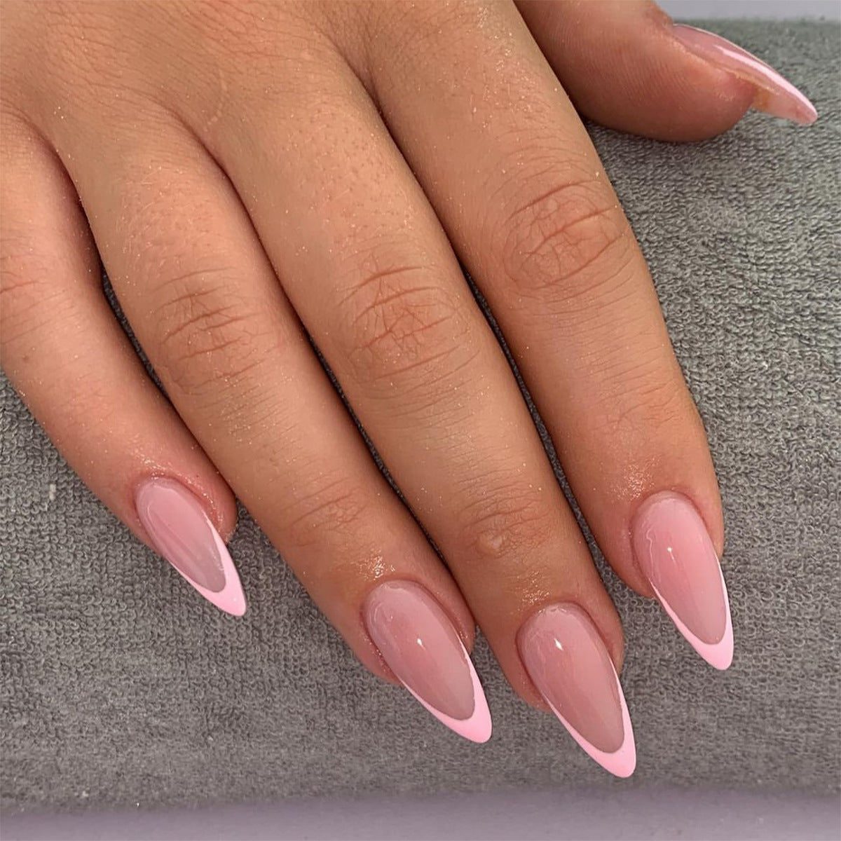 Chic Office Essentials Long Almond Beige Press On Nails with Soft Pink Tips