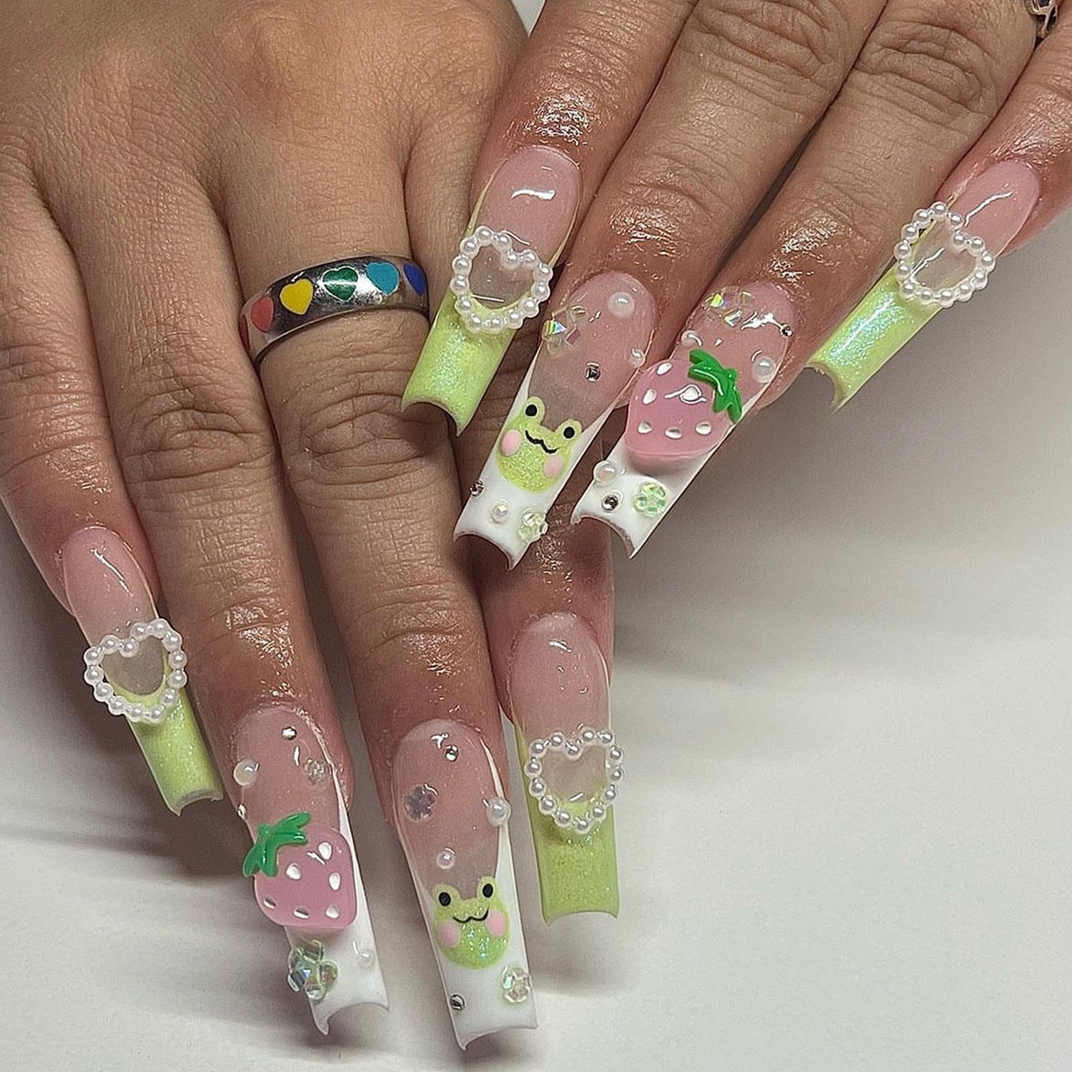 Whimsical Long Square Pastel Ombre Press-on Nails with 3D Charms and Pearls