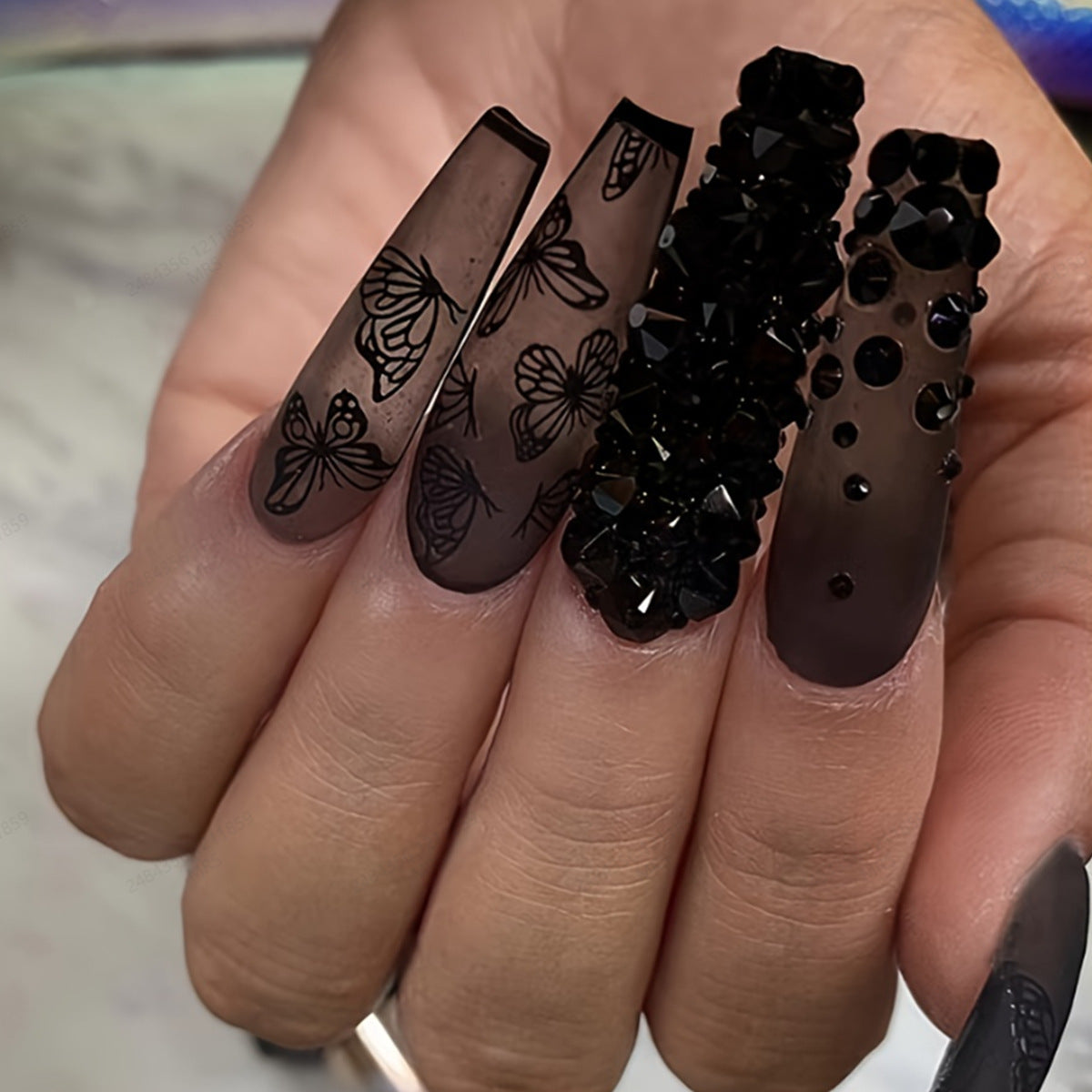 Enchanted Evening Extra Long Coffin Black Press On Nails with 3D Gemstones and Butterfly Accents