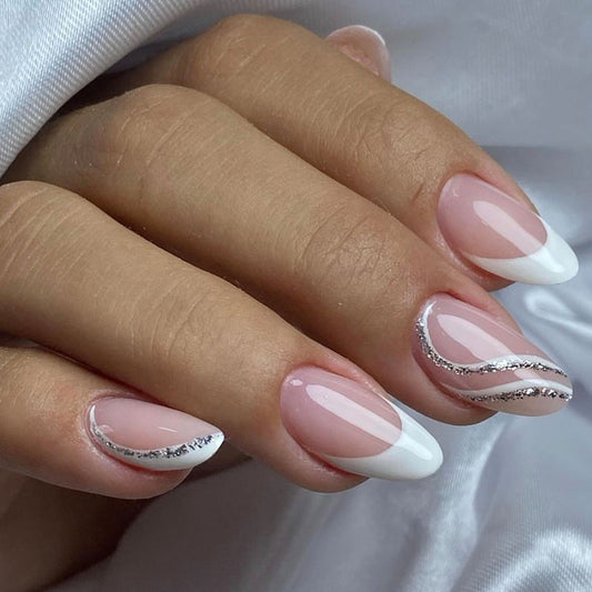 Elegant Affair Medium Almond Press On Nail Set, Sheer Beige with White French Tips and Silver Glitter Swirls