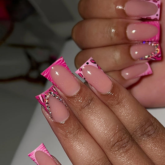 Wild Pink Party Long Duck Press On Nails with Hot Pink Tips and Animal Print Design