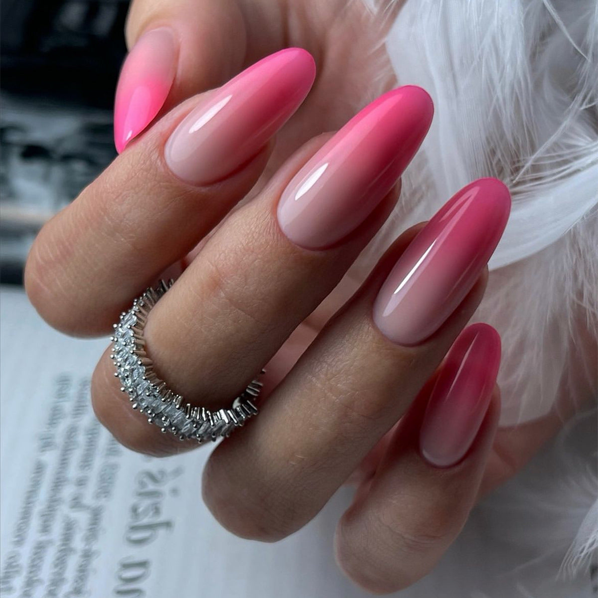 Flirty Gradient Long Oval Pink Ombre Press On Nails with High Gloss Finish