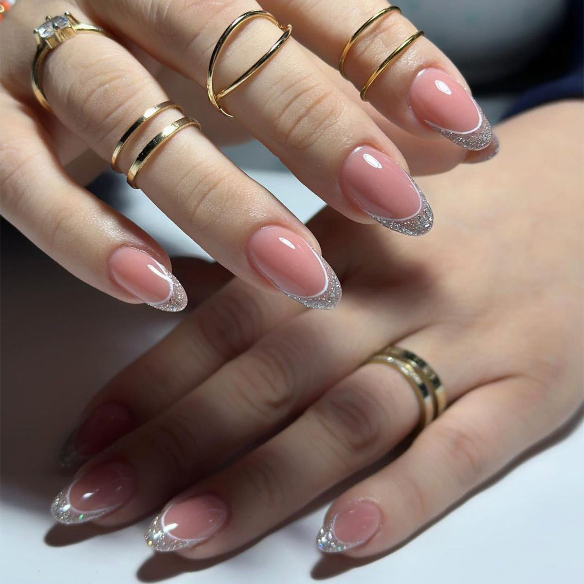 Glitz and Glamour Medium Oval Baby Pink Press On Nails with Silver Glitter Tips