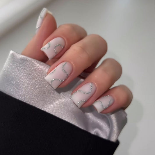 Elegant Evening Short Square Light Grey Press-On Nail Set with Silver Glitter Swirl Accents