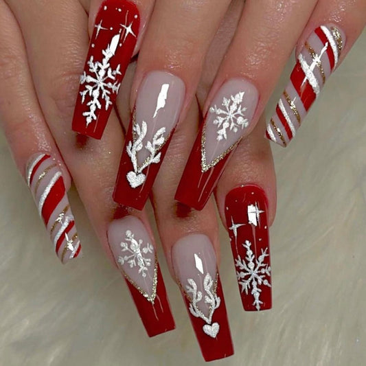 Holiday Glamour Extra Long Coffin Red and Beige Press On Nails with Glitter Snowflake and Stripe Accents