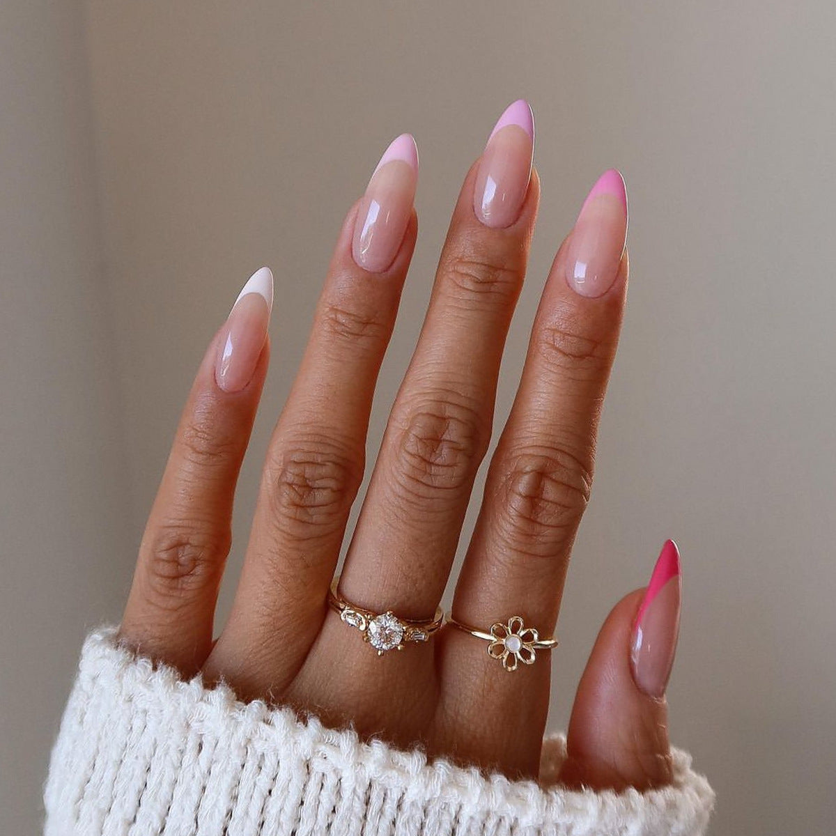 Elegant Affair Long Almond Pink and White Ombre Press On Nails with Glossy Finish