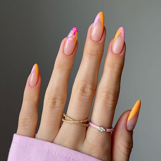 Candy Crush Long Square Yellow and Pink Press On Nails with Playful Swirl Design