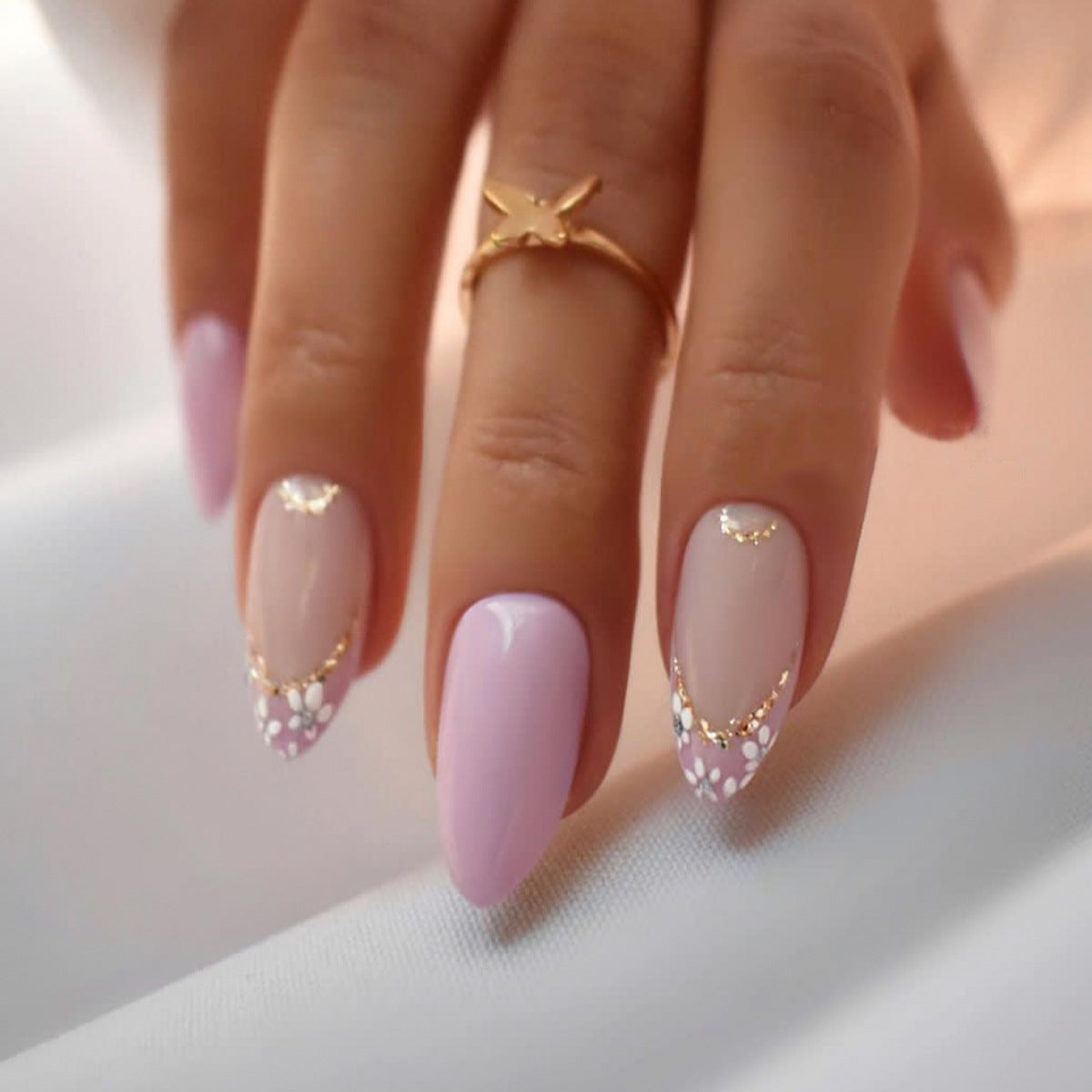 Elegant Affair Long Almond Baby Pink Press On Nail Set with Gold Chain and White Pearl Embellishments