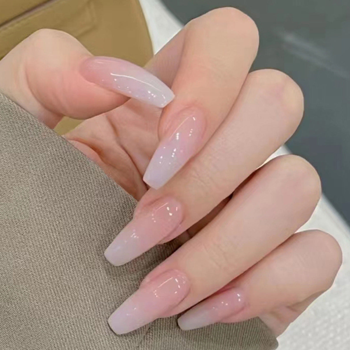 Ethereal Elegance: Long Coffin Soft Pink Press-On Nails with Shimmer Overlay