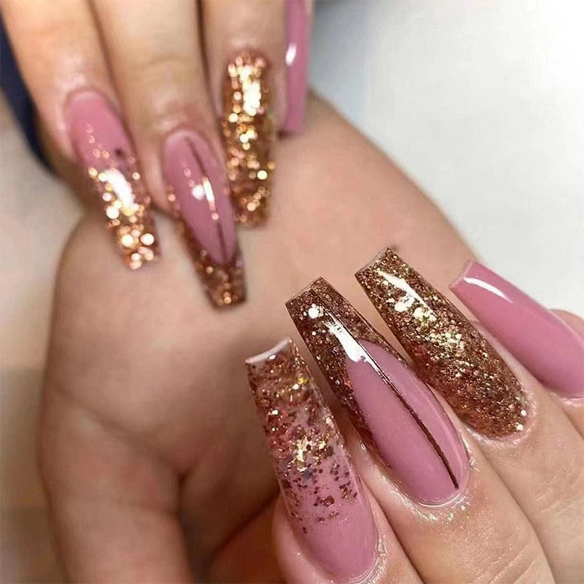 Glistening Gala Long Coffin Mauve Press On Nails with Rose Gold Glitter Ombre Effect