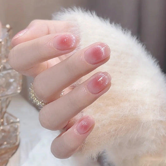 Winter Frost Short Round Press-On Nail Set in Sheer Pink with Glitter Gradient
