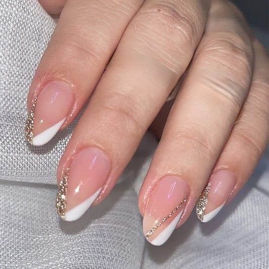 Glamour Touch Medium Almond Beige and White Press On Nail Set with Gold Glitter Accents