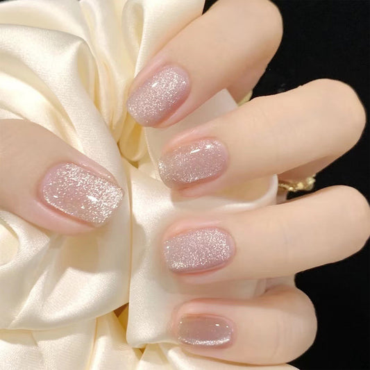 Elegant Shimmer Short Square Soft Pink Glitter Press On Nails
