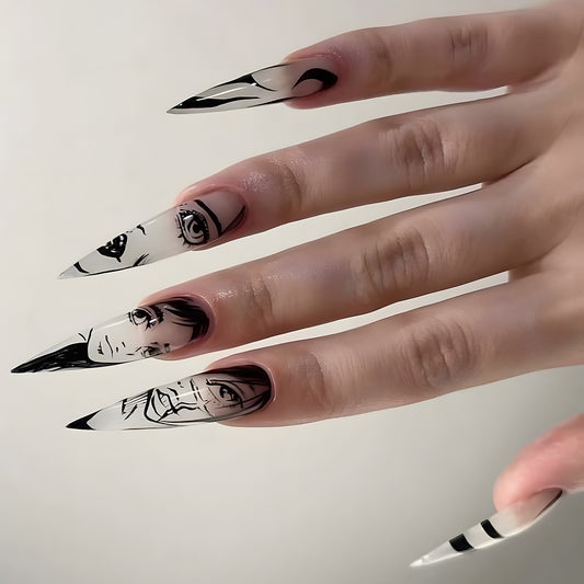 Edgy Extra Long Stiletto Black And White Press On Nails With Graphic Novel Artwork