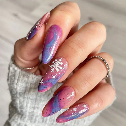 Galactic Glow Long Almond Press On Nails with Purple Pink Swirls and Snowflake Accents