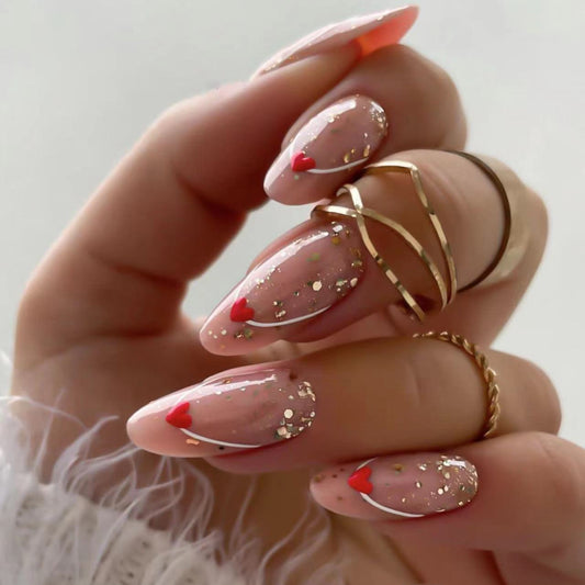 Golden Romance Long Almond Blush Press-On Nail Set with Gold Flakes and Red Heart Accents