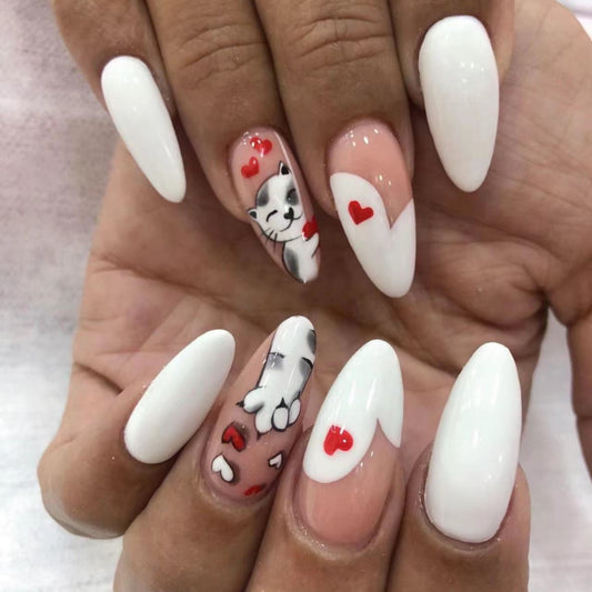 Puppy Love Long Almond Press-On Nails in Glossy White with Red Heart and Puppy Accents
