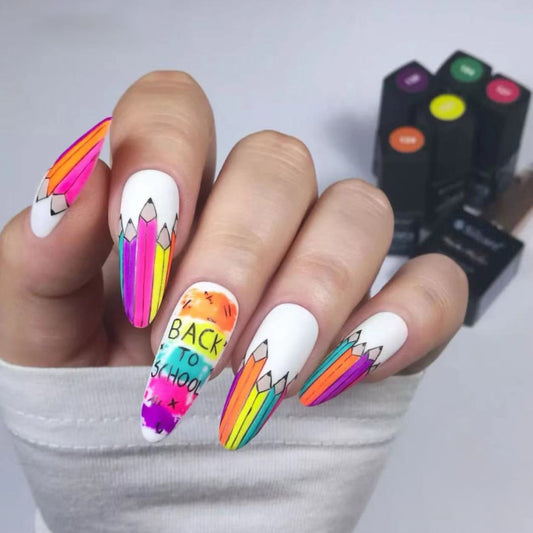 Academic Vibes Long Oval Multicolor Press-On Nails with Pencil and Back to School Design