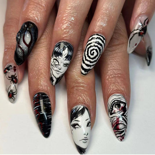 Whimsical Noir Long Almond Black And White Press On Nails With Artistic Character Designs