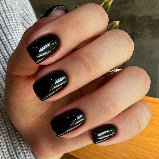 Energetic Short Square Black Glossy Press On Nails