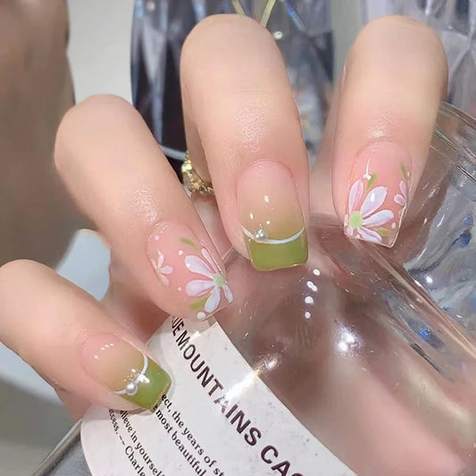 Tahiti Flowers Short Square Beige Floral Press On Nails