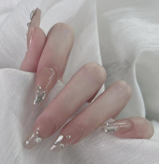 Silver Diamond Long Coffin Beige NYE Press On Nails