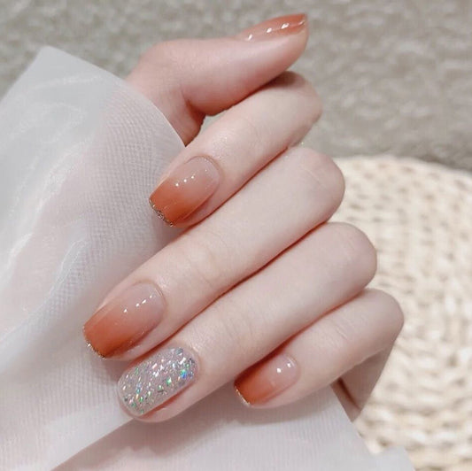 Elegant Bridal Collection Medium-Length Square Beige Press On Nails with Glitter Accent