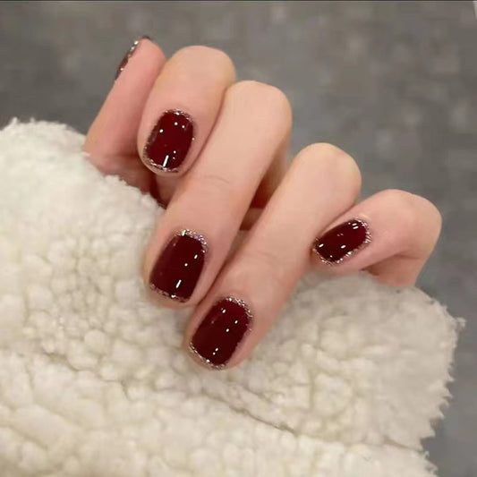 Elegant Burgundy Short Square Press On Nails with Glitter Accents