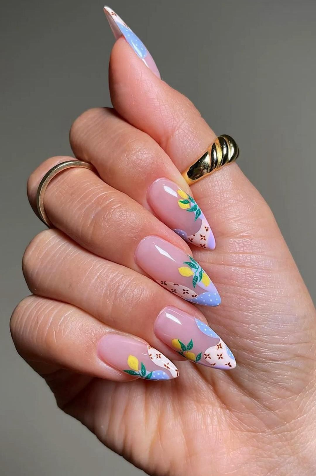 Spring Blossom Collection Long Almond Pastel Multicolor Floral Lemon Accent Press-on Nail Set
