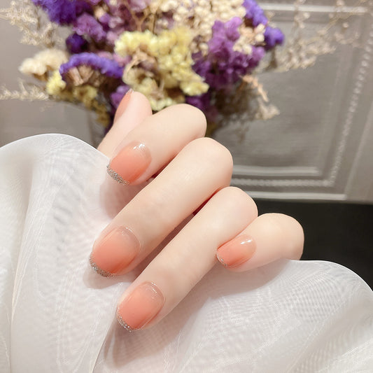 Elegant Bridal Collection Short Length Squoval Peach Press-On Nail Set with Glitter Accents