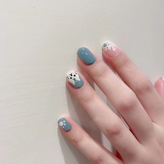 Whimsical Cat-Themed Short Length Oval Press On Nail Set in Soft Blue with Adorable Paw Print Accents