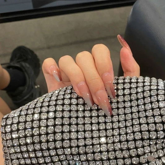 Glamour Night Long Coffin Beige Press On Nails with Glitter Accent