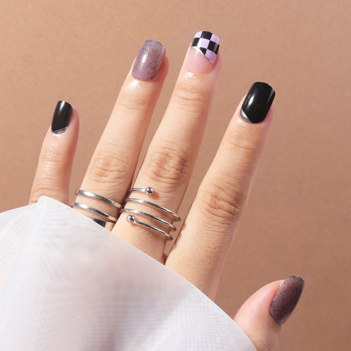 Elegant Chic Short Squoval Black Pink Glitter Checkerboard Press On Nail Set for Fashion-Forward Manicure