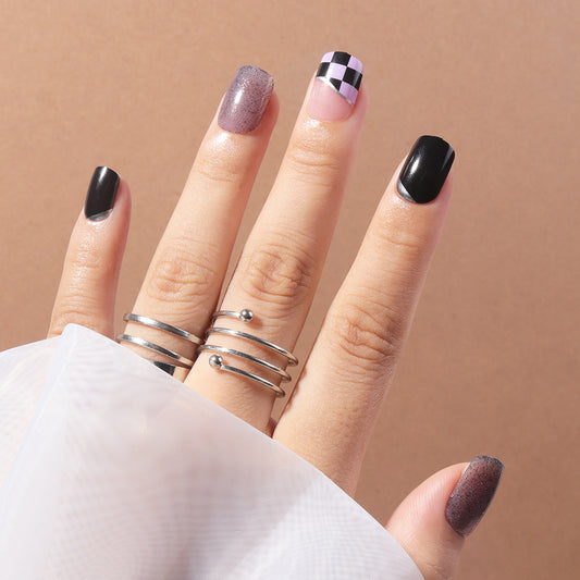 Elegant Chic Short Squoval Black Pink Glitter Checkerboard Press On Nail Set for Fashion-Forward Manicure