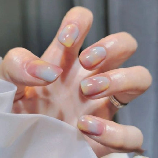 Sunset Ombre Short Square Pastel Pink and Yellow Press On Nail Set with Iridescent Sheen