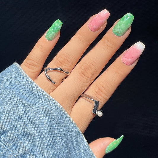 Summer Sorbet Medium Coffin Press-On Nail Set, Dual-Toned Pink and Green Marble Finish, with Glossy Texture