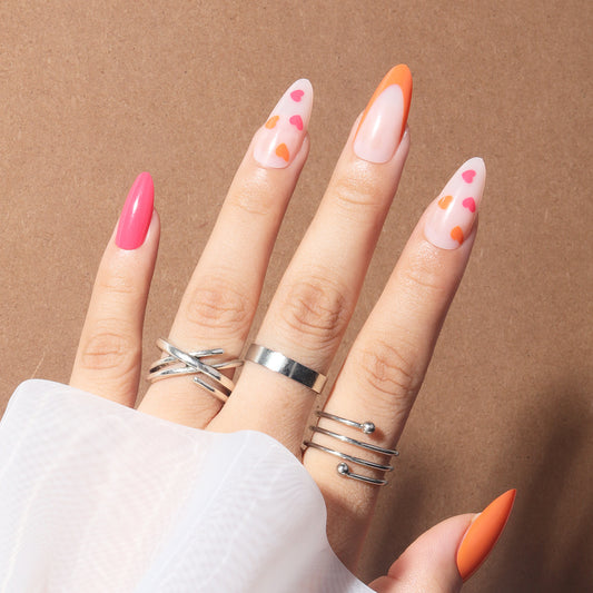 Summer Fiesta Long Almond Multicolor Hearts Press On Nail Set with Dual-tone Accents