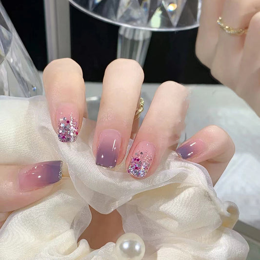 Enchanted Elegance Short Length Square Lavender Press On Nail Set with Sparkling Accents