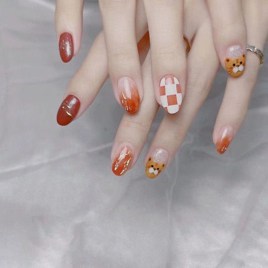 Autumn Chic Short Round Press On Nails in Multicolor with Cute Bear Accents