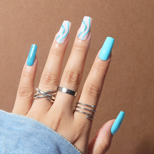 Ocean Breeze Long Coffin Shape Press on Nails Set in Aqua Blue with Swirl Accents and Glitter Feature