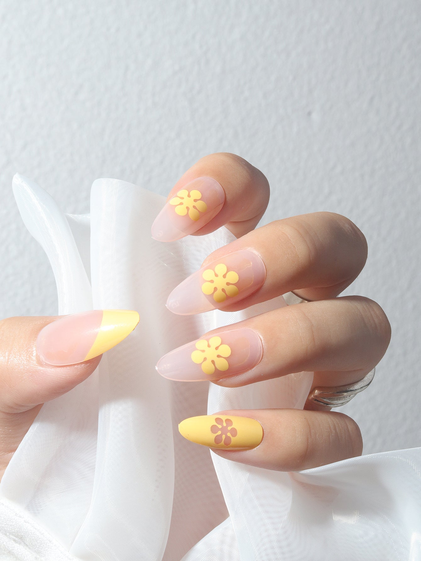 Spring Blossom Collection Long Almond Ombre Yellow Press On Nails with Floral Accents