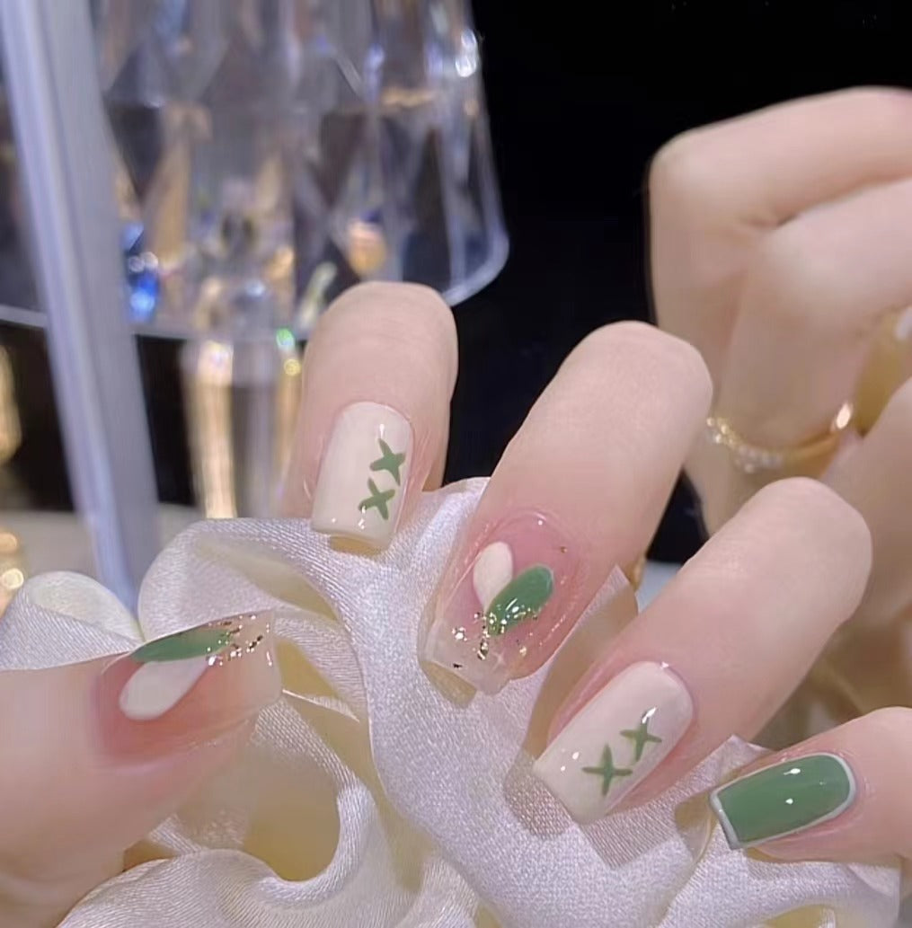 Enchanted Garden Short Square Beige and Green Press On Nails with Delicate Leaf Accents and Glitter Detail