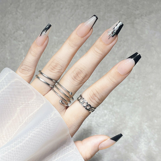 Urban Chic Medium Square Black and Beige Press On Nail Set with Textured Accent Design