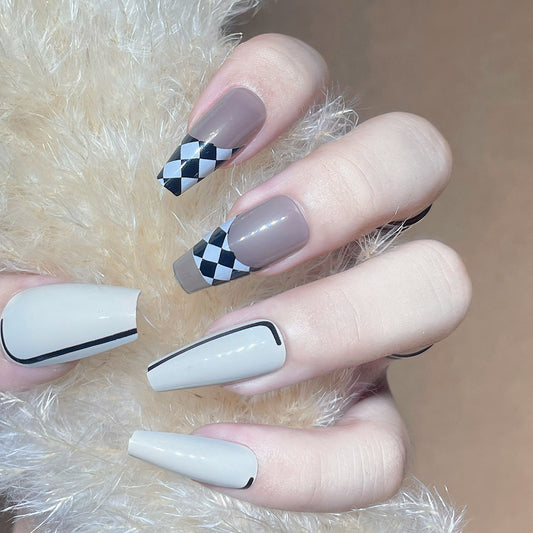 Chic Racing Checkered Long Coffin Press On Nail Set in Grey with Bold Accent Design