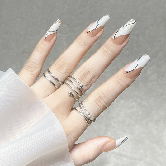 Elegant Marble Charm Long Coffin White and Beige Press On Nail Set with Gold Foil Accents