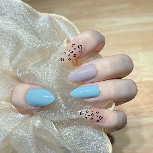 Safari Elegance Medium Almond Press On Nail Set in Lavender and Sky Blue with Animal Print Accents
