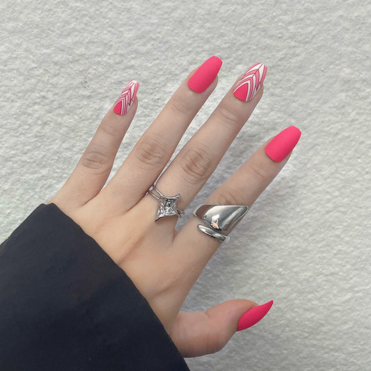 Summer Flair Medium Coffin Hot Pink Press On Nail Set with Stripe Accent Design